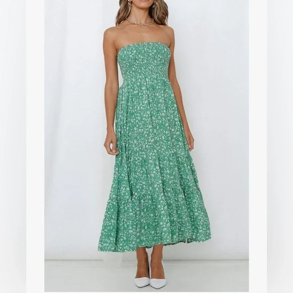 Green Floral Strapless Maxi Dress Size L - Picture 3 of 6
